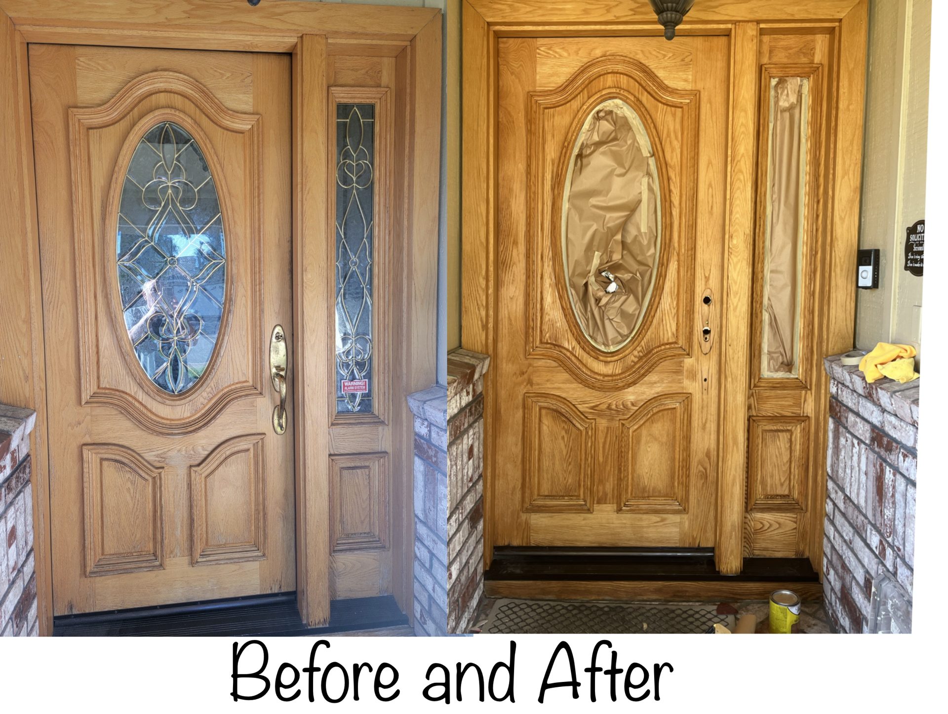 Before and after of a refinished wood front door