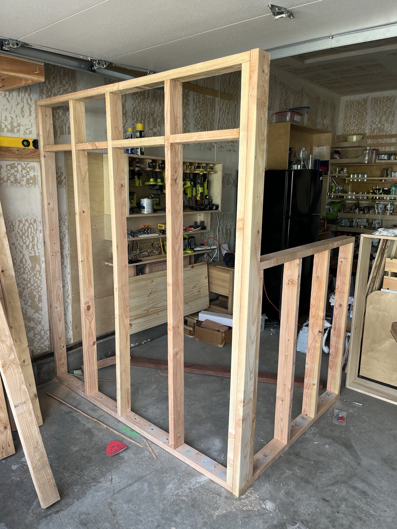 Custom framed wall section built in a workshop